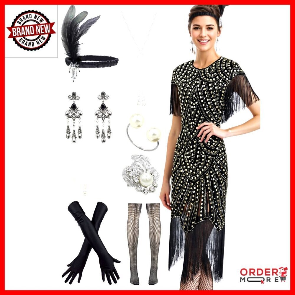 Vintage Sequin Flapper Dress with Sleeves & Accessories Set